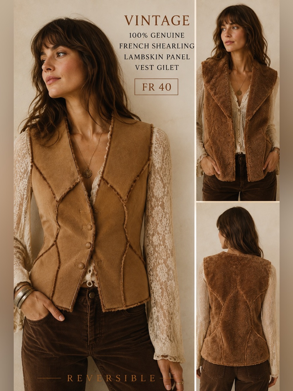 Vintage 100% Genuine French Shearling Lambskin Panel Vest Gilet Brown Suede FR 4